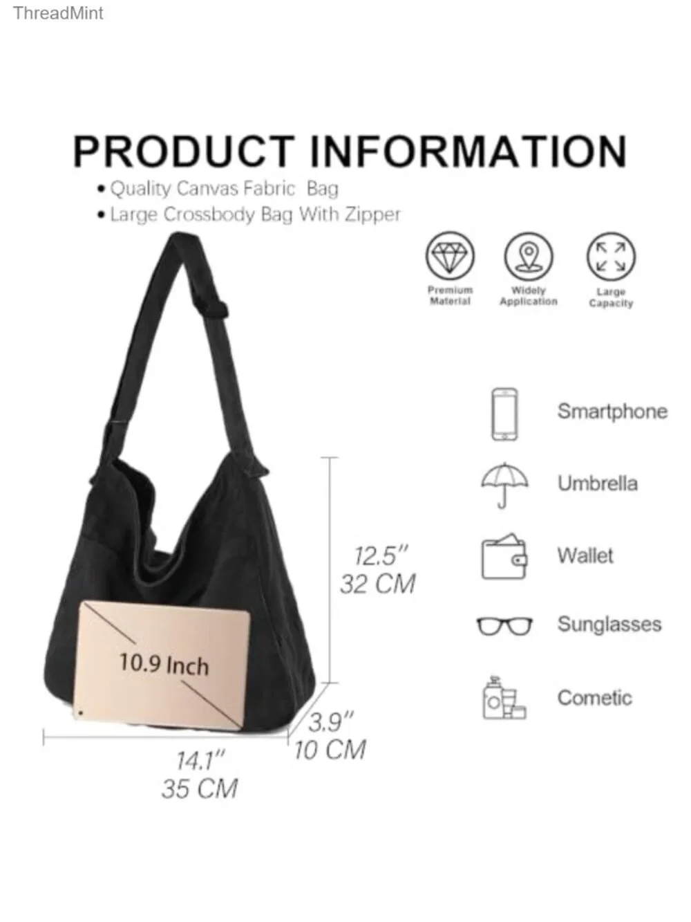 Canvas Crossbody Hobo Bag with Adjustable Strap, Travel Tote, Laptop Purse